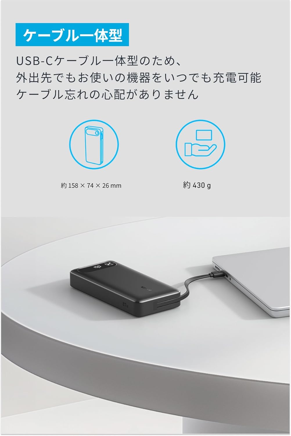 Anker Power Bank (20000mAh, 87W, Built-In USB-C ケーブル) A1383 3