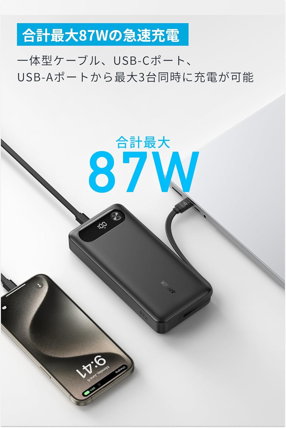 Anker Power Bank (20000mAh, 87W, Built-In USB-C ケーブル) A1383 4