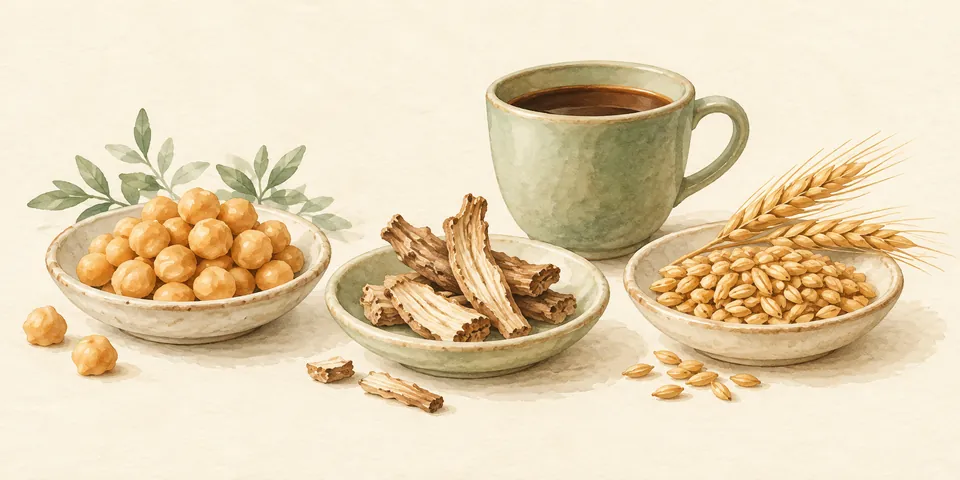 小皿のひよこ豆・チコリの根・大麦と、茶色い飲み物の入ったカップ