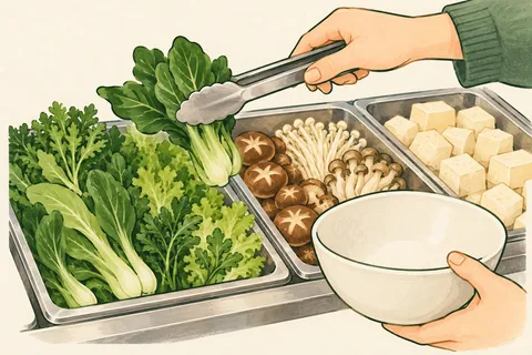 トングで野菜やきのこなどの具材を選ぶ様子