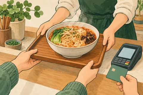 調理済みの麻辣湯をトレーで受け取る様子
