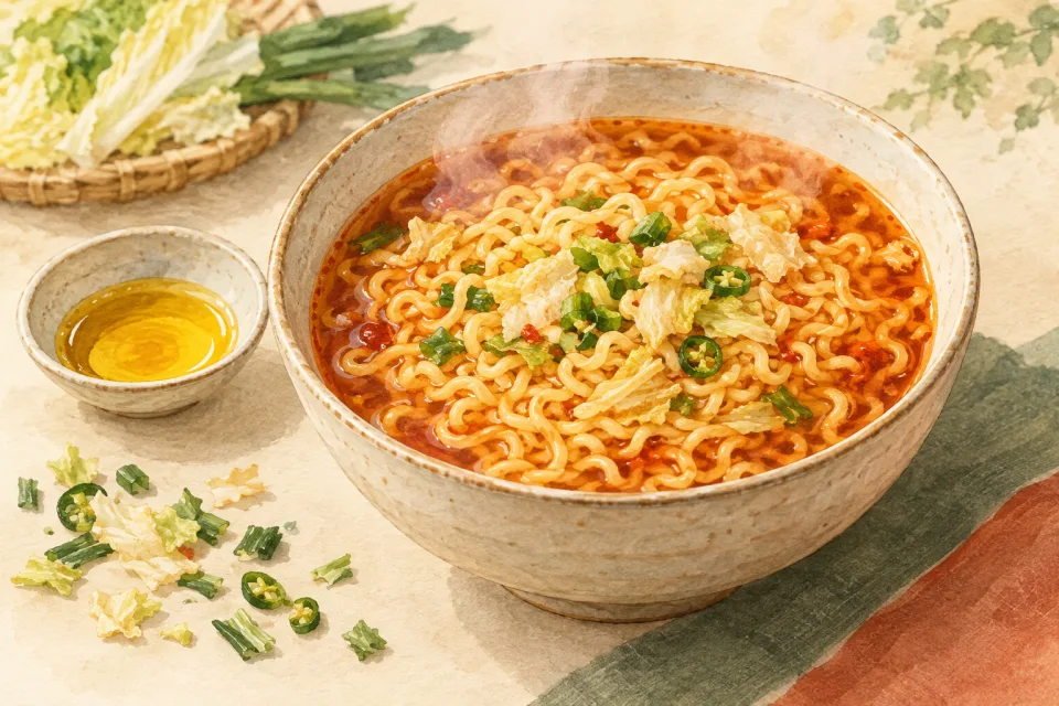 スープとちぢれ麺、小さな白菜やねぎを描いた水彩風イラスト
