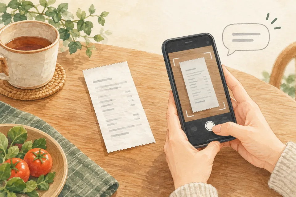 保管したレシートと、その画像を撮影するスマートフォンを描いたイラスト